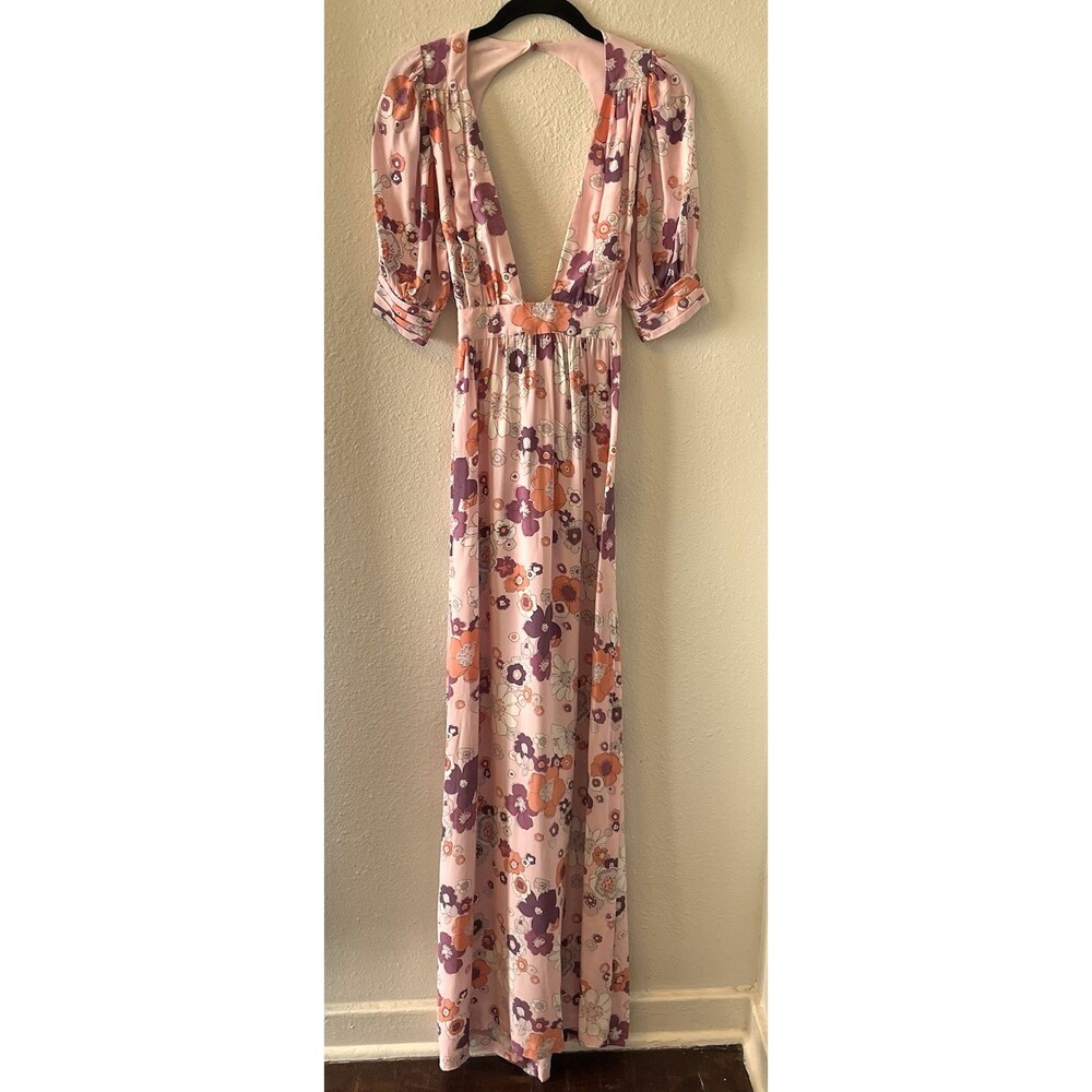 For Love and Lemons Magnolia Maxi Dress XS Floral Puff Sleeve Open Back Romantic